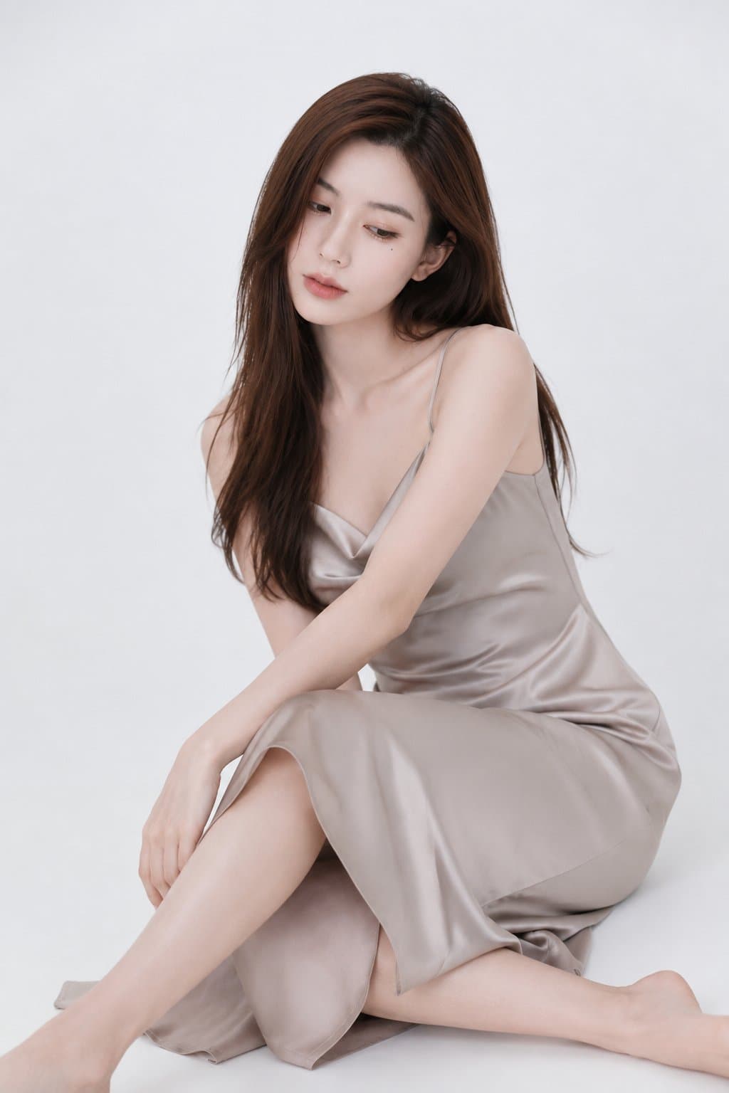 年轻成年东亚女性赤脚蹲坐在摄影棚