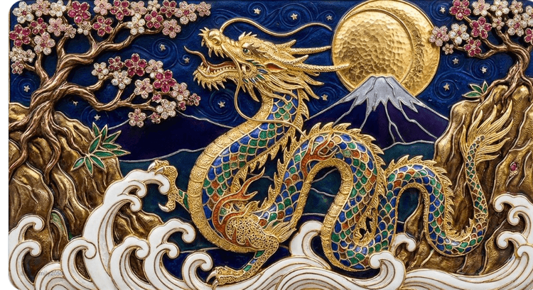 珐琅龙腾巨浪月夜富士
